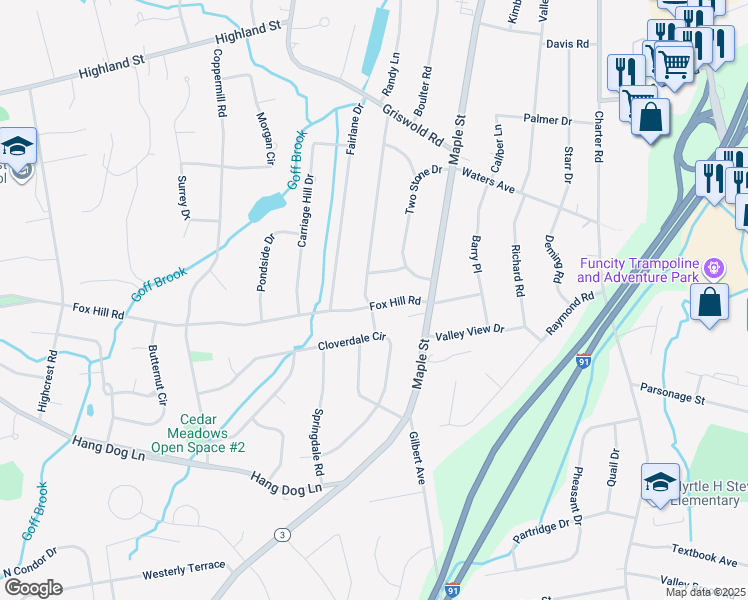 map of restaurants, bars, coffee shops, grocery stores, and more near 49 Fox Hill Road in Wethersfield