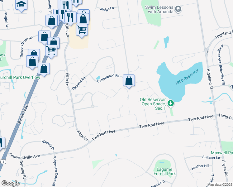 map of restaurants, bars, coffee shops, grocery stores, and more near 7 Bittersweet Ct in Newington