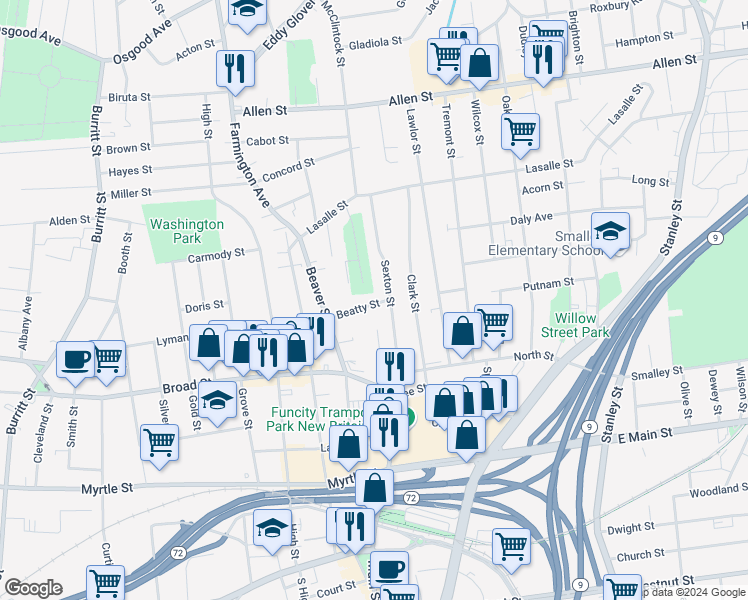 map of restaurants, bars, coffee shops, grocery stores, and more near 56 Beatty Street in New Britain