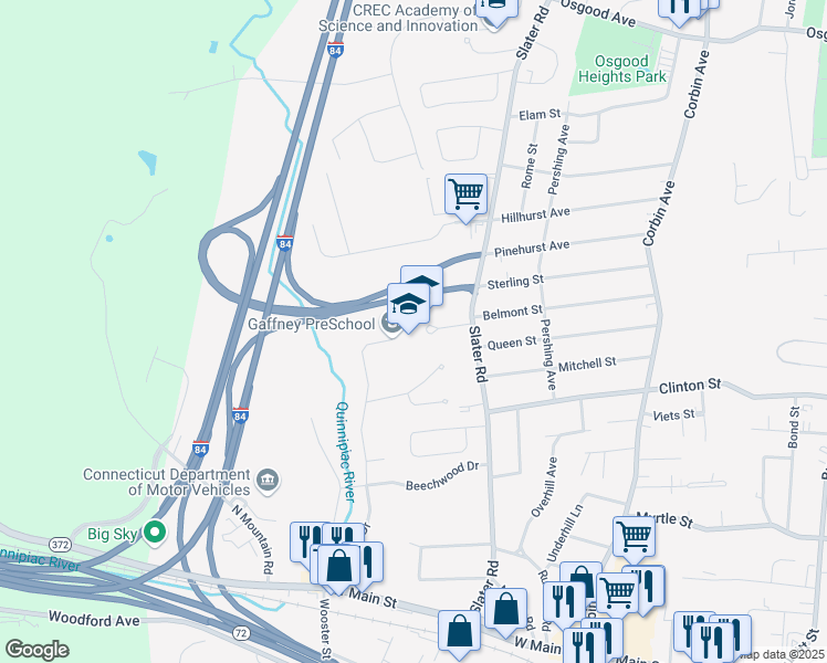map of restaurants, bars, coffee shops, grocery stores, and more near 322 Slater Road in New Britain