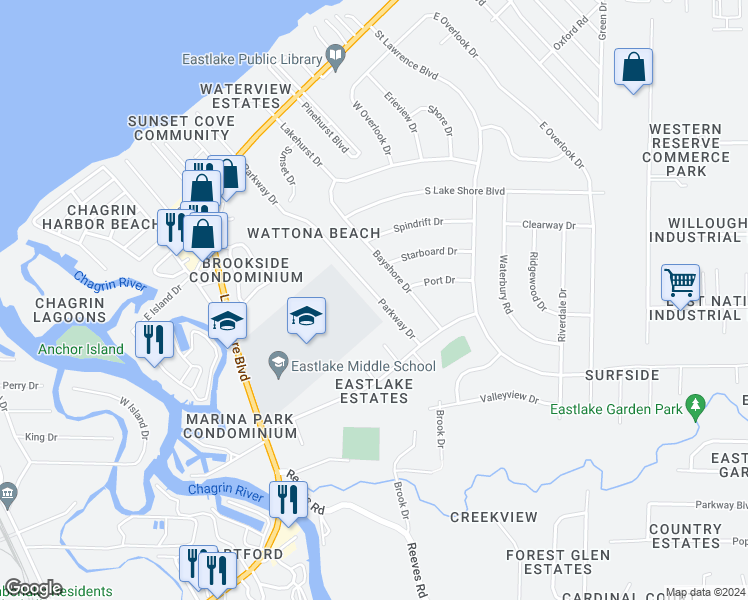 map of restaurants, bars, coffee shops, grocery stores, and more near 302 Parkway Drive in Eastlake