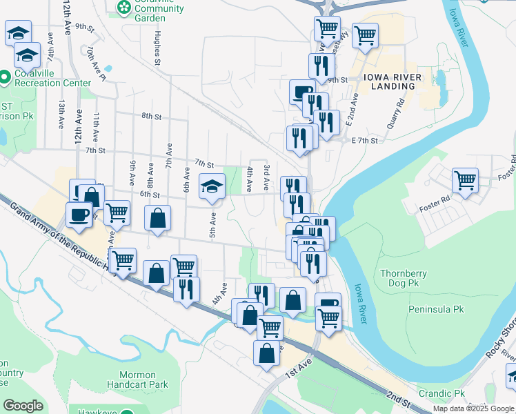map of restaurants, bars, coffee shops, grocery stores, and more near 302 6th Street in Coralville