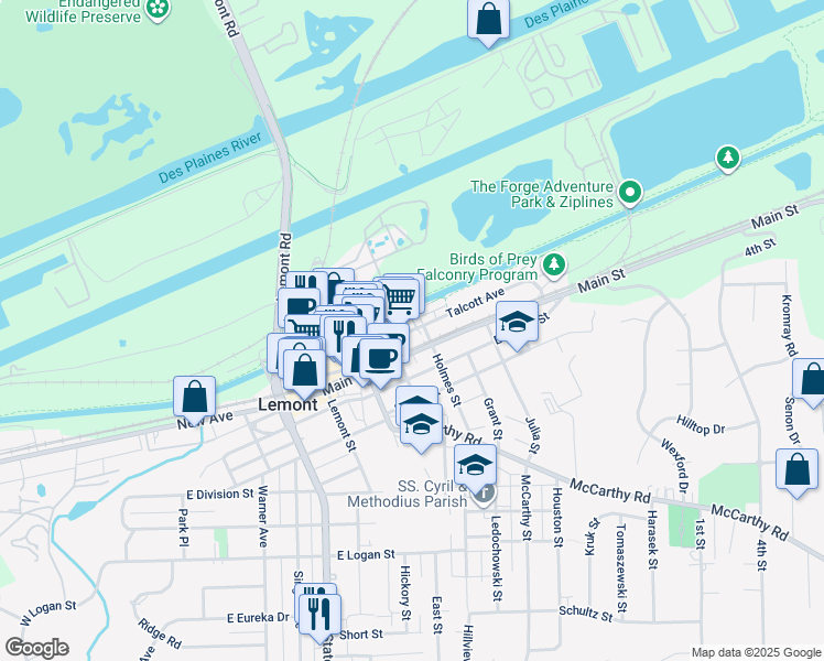 map of restaurants, bars, coffee shops, grocery stores, and more near 459 Talcott Avenue in Lemont