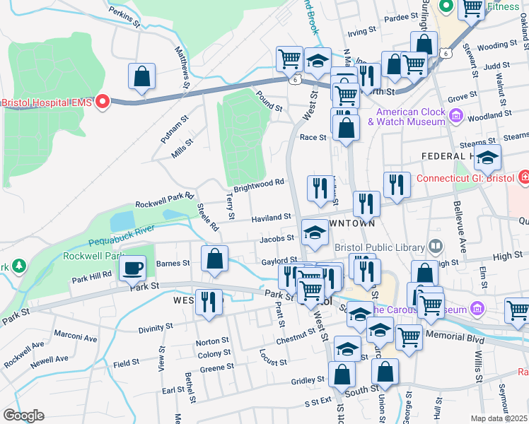 map of restaurants, bars, coffee shops, grocery stores, and more near 54 Haviland Street in Bristol