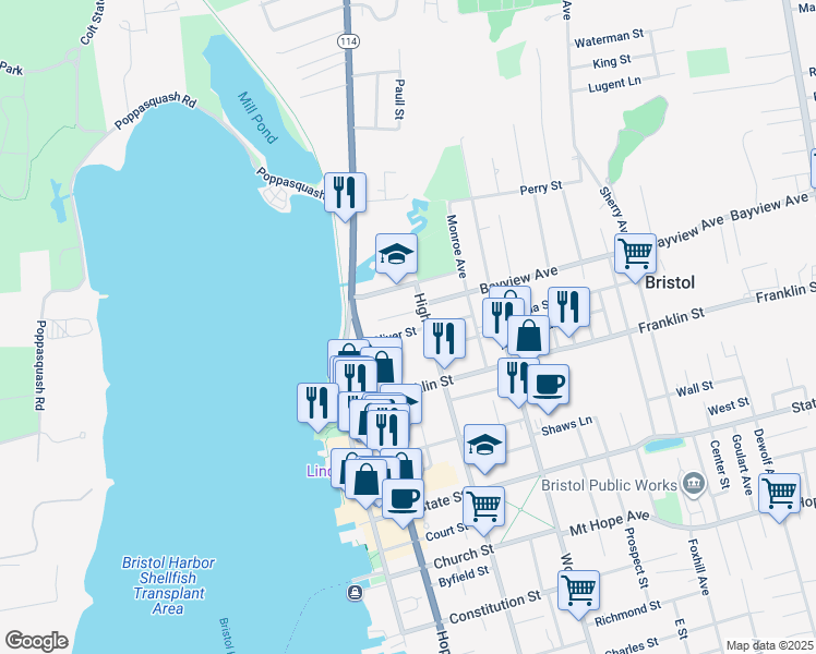 map of restaurants, bars, coffee shops, grocery stores, and more near 5 Bay Street in Bristol