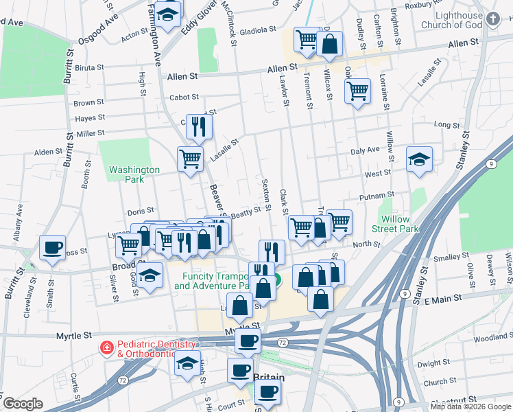 map of restaurants, bars, coffee shops, grocery stores, and more near 76 Sexton Street in New Britain