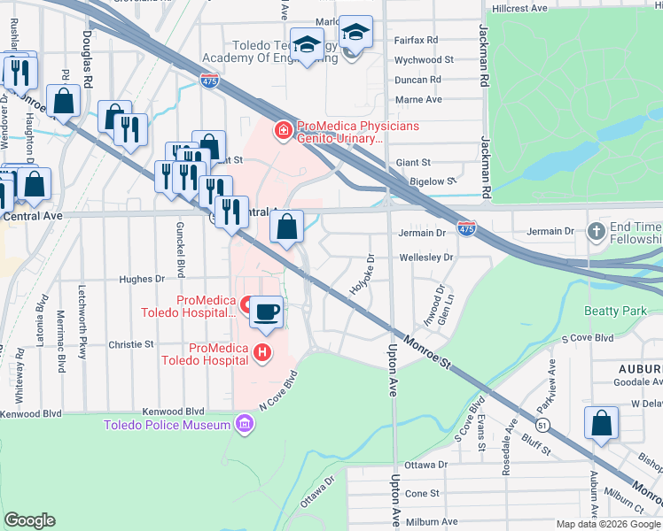 map of restaurants, bars, coffee shops, grocery stores, and more near 2845 Rathbun Drive in Toledo