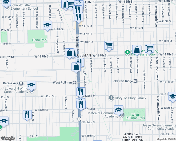 map of restaurants, bars, coffee shops, grocery stores, and more near 725 West 120th Street in Chicago