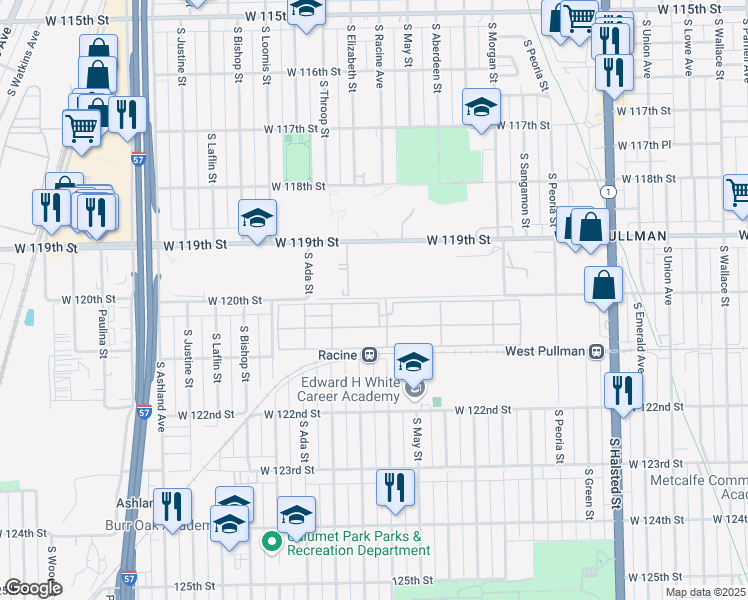 map of restaurants, bars, coffee shops, grocery stores, and more near 11930 South Racine Avenue in Chicago