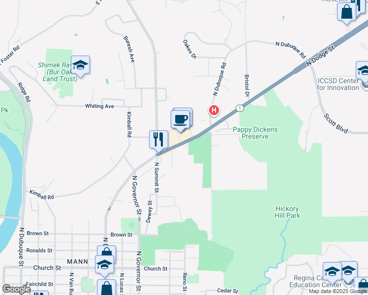 map of restaurants, bars, coffee shops, grocery stores, and more near 1152-1198 Hwy 1 in Iowa City