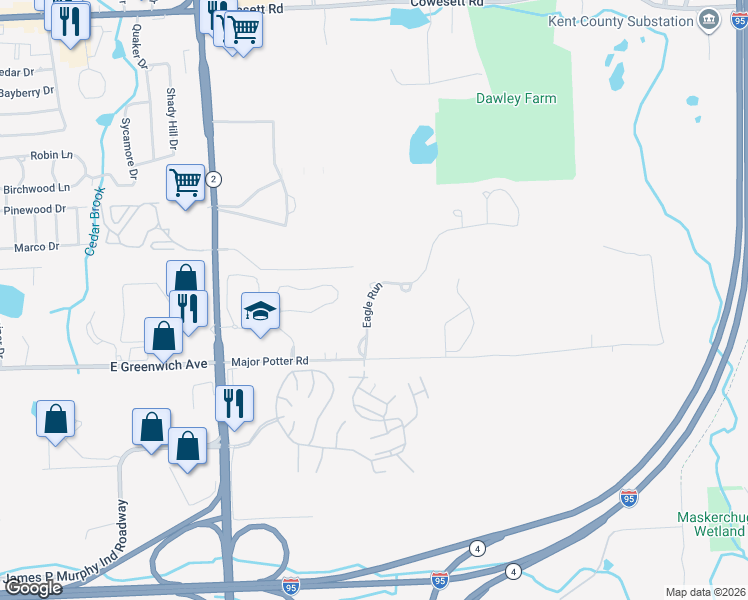 map of restaurants, bars, coffee shops, grocery stores, and more near 9 Eagle Run in East Greenwich