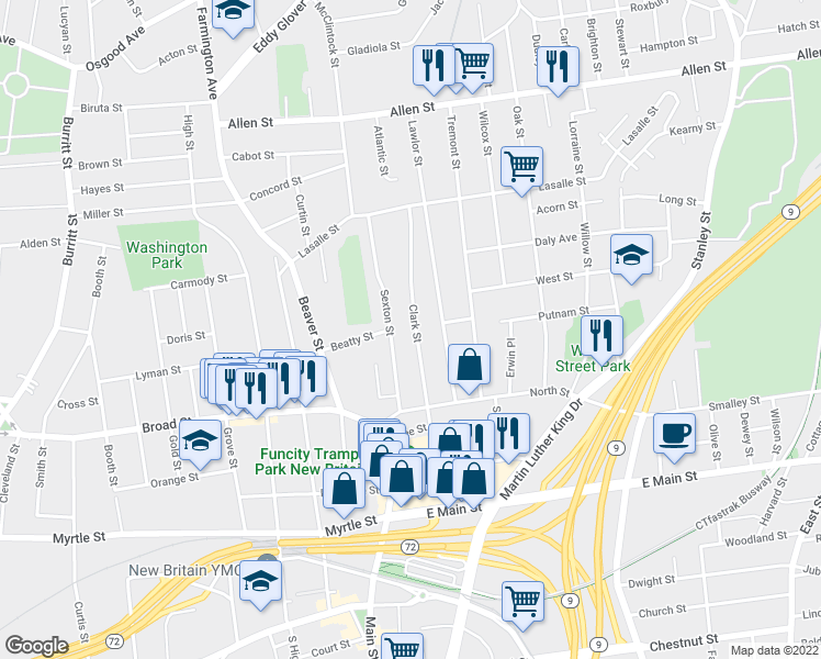 map of restaurants, bars, coffee shops, grocery stores, and more near 144 Clark Street in New Britain