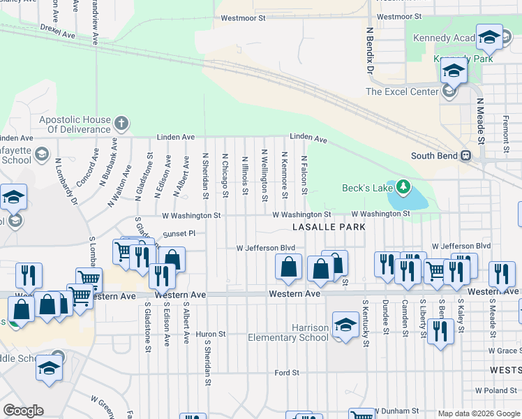 map of restaurants, bars, coffee shops, grocery stores, and more near 114 North Wellington Street in South Bend