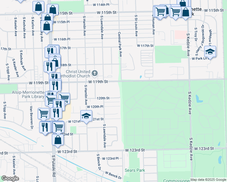 map of restaurants, bars, coffee shops, grocery stores, and more near 11941 South Millard Avenue in Alsip