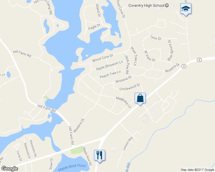 map of restaurants, bars, coffee shops, grocery stores, and more near 60 Wisteria Drive in Coventry