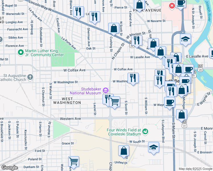map of restaurants, bars, coffee shops, grocery stores, and more near 808 West Washington Street in South Bend