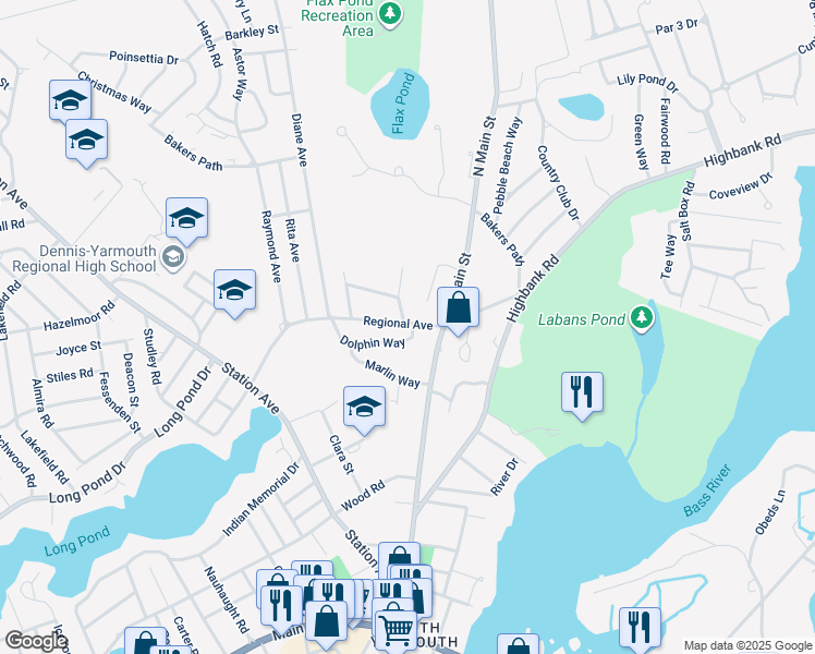 map of restaurants, bars, coffee shops, grocery stores, and more near 100 Regional Avenue in Yarmouth