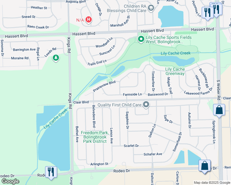 map of restaurants, bars, coffee shops, grocery stores, and more near 1620 Farmside Lane in Bolingbrook