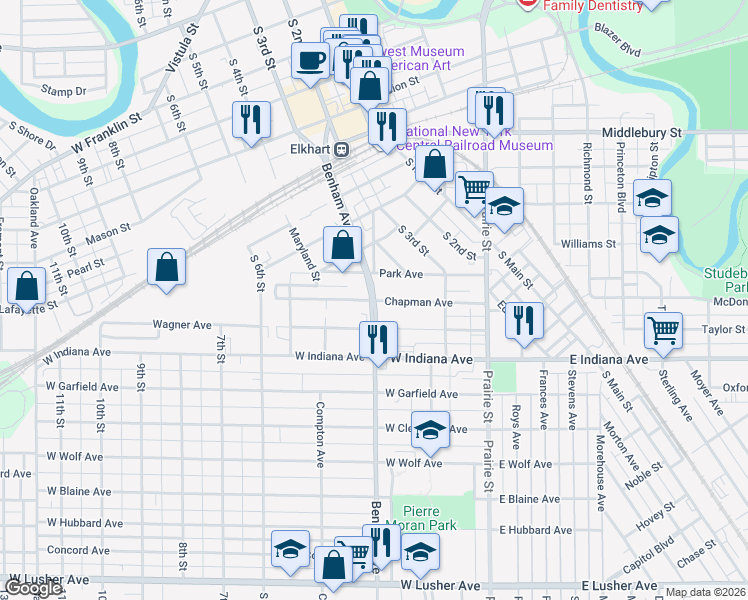 map of restaurants, bars, coffee shops, grocery stores, and more near 1298 Benham Avenue in Elkhart