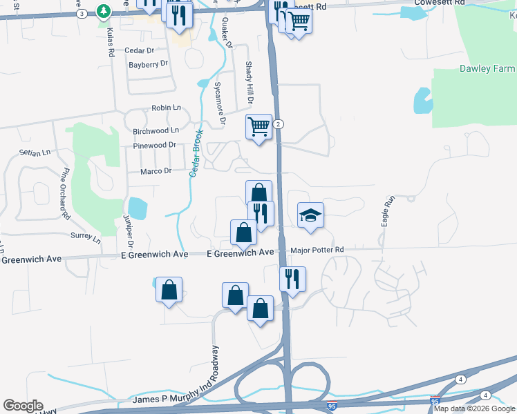 map of restaurants, bars, coffee shops, grocery stores, and more near 679 Quaker Lane in West Warwick