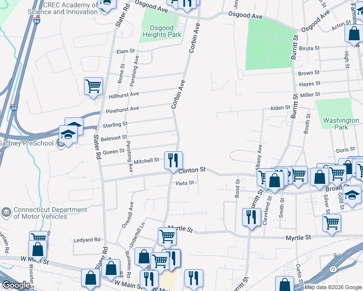 map of restaurants, bars, coffee shops, grocery stores, and more near 225 Clinton Street in New Britain