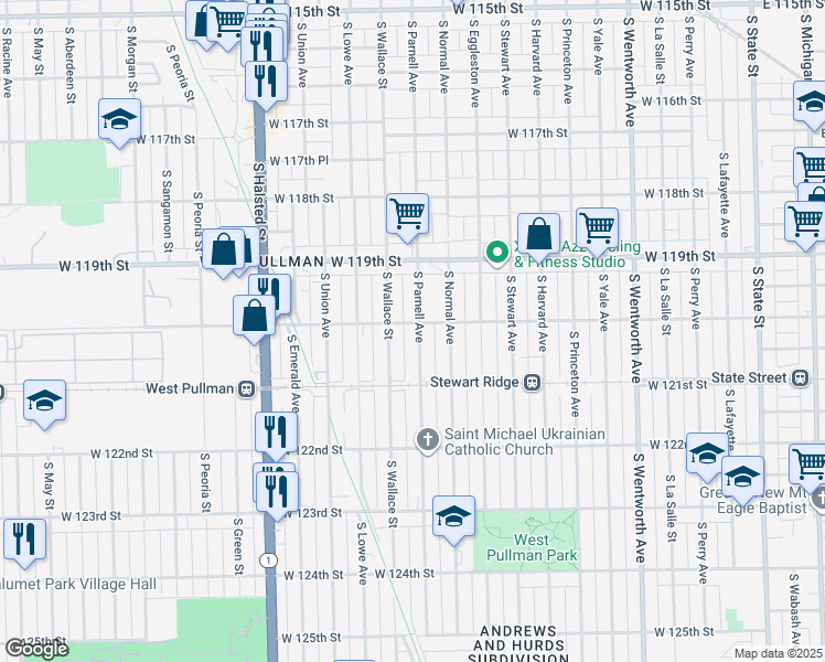 map of restaurants, bars, coffee shops, grocery stores, and more near 537 West 120th Street in Chicago