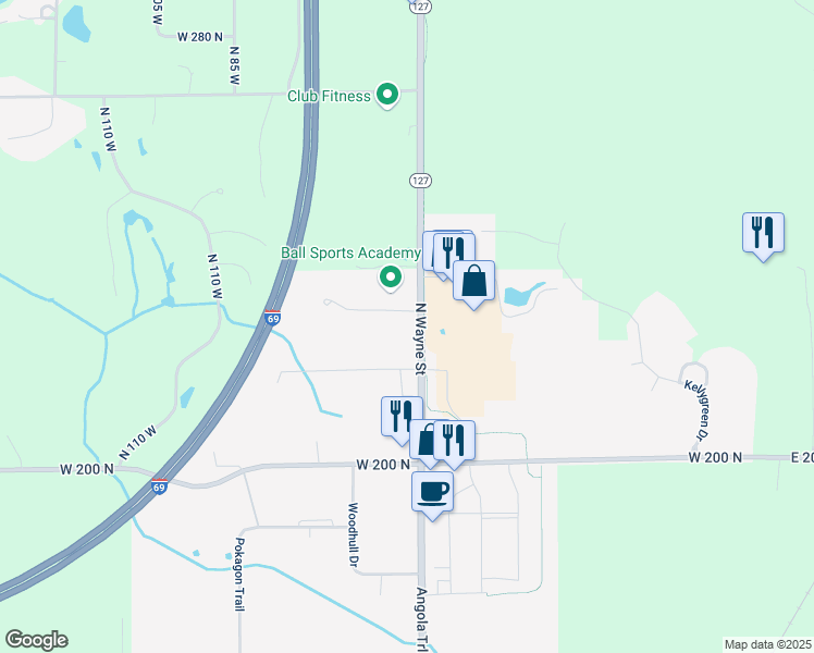 map of restaurants, bars, coffee shops, grocery stores, and more near 3270 Intertech Drive in Angola