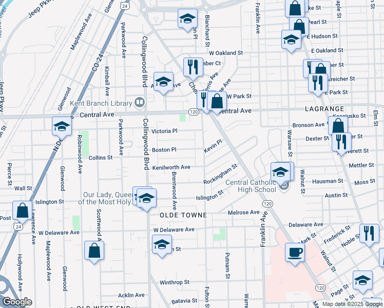 map of restaurants, bars, coffee shops, grocery stores, and more near 323 Boston Place in Toledo