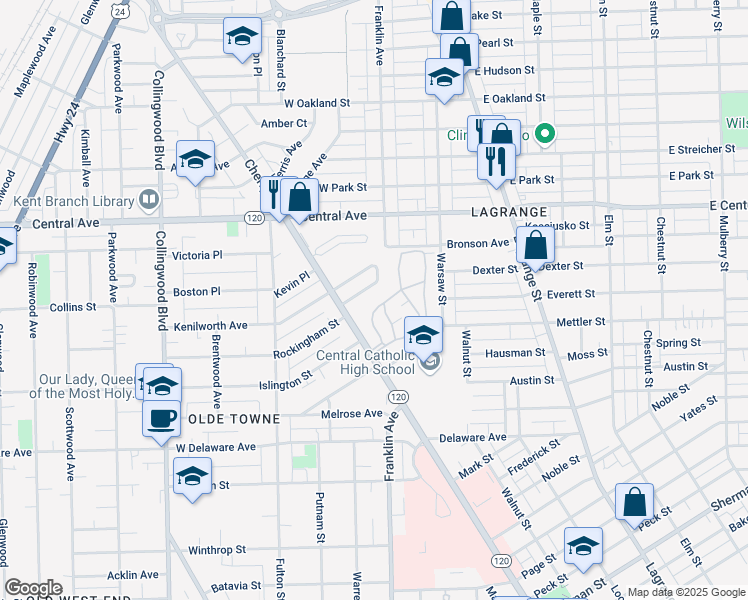 map of restaurants, bars, coffee shops, grocery stores, and more near 40 Birckhead Place in Toledo