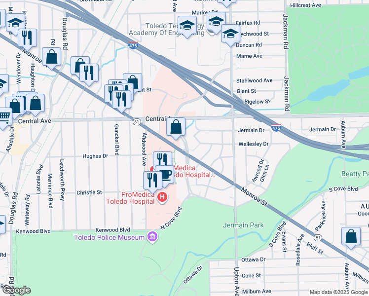map of restaurants, bars, coffee shops, grocery stores, and more near 3872 Monroe Street in Toledo