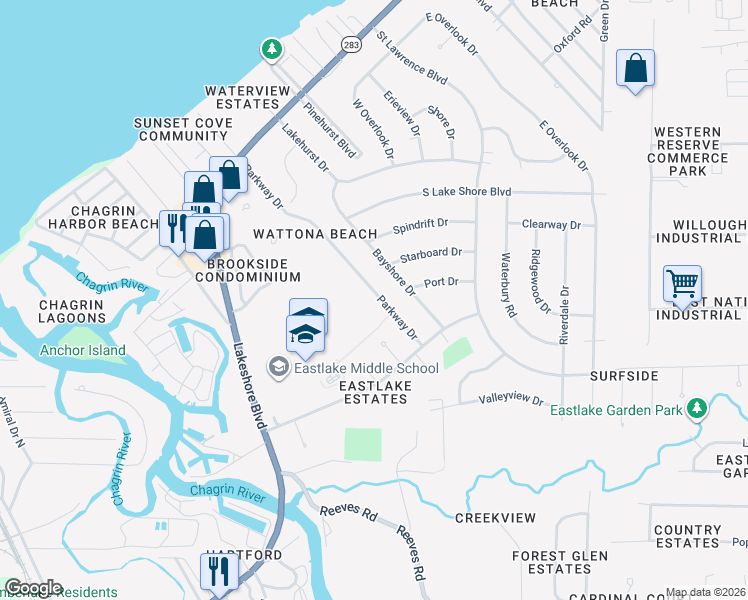 map of restaurants, bars, coffee shops, grocery stores, and more near 300 Parkway Drive in Eastlake