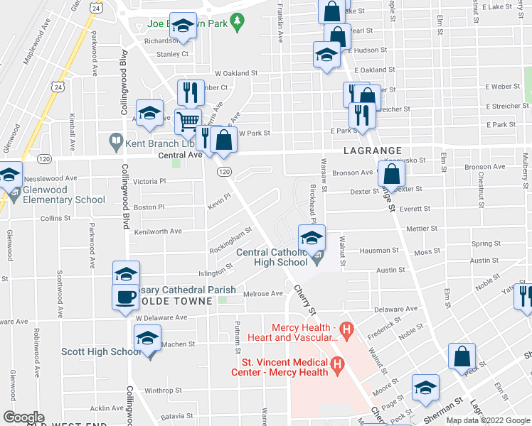 map of restaurants, bars, coffee shops, grocery stores, and more near 18 Rockingham Street in Toledo