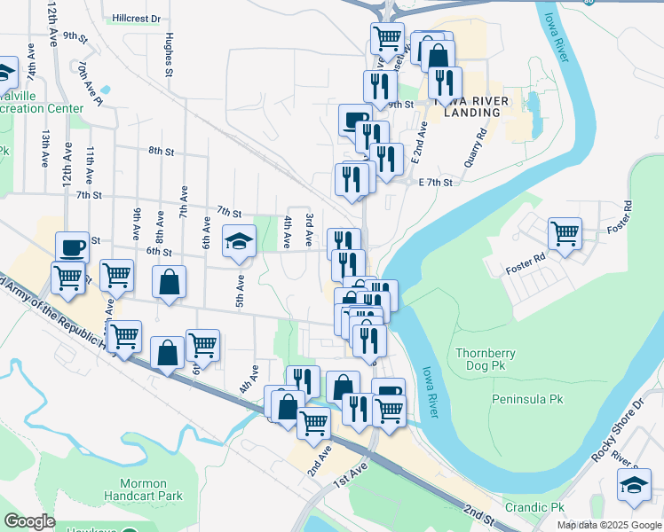 map of restaurants, bars, coffee shops, grocery stores, and more near 200 6th Street in Coralville