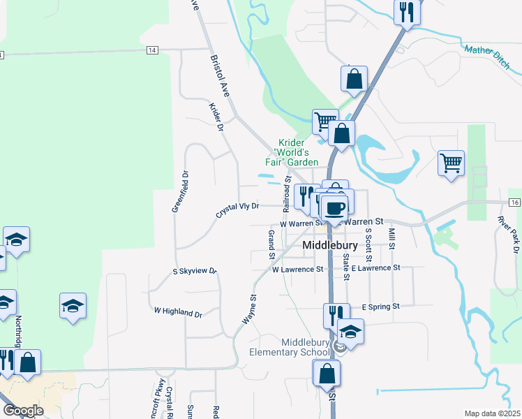 map of restaurants, bars, coffee shops, grocery stores, and more near 409 West Crystal Valley Drive in Middlebury