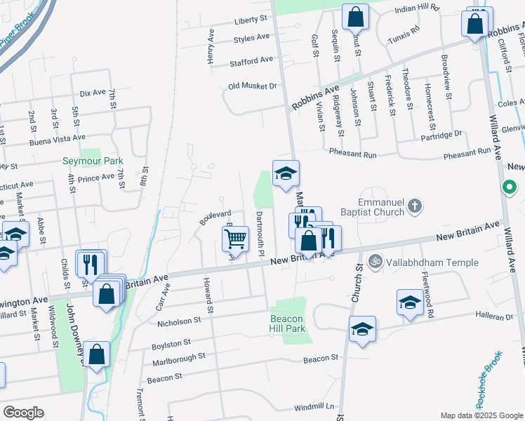 map of restaurants, bars, coffee shops, grocery stores, and more near 60 Dartmouth Place in Newington