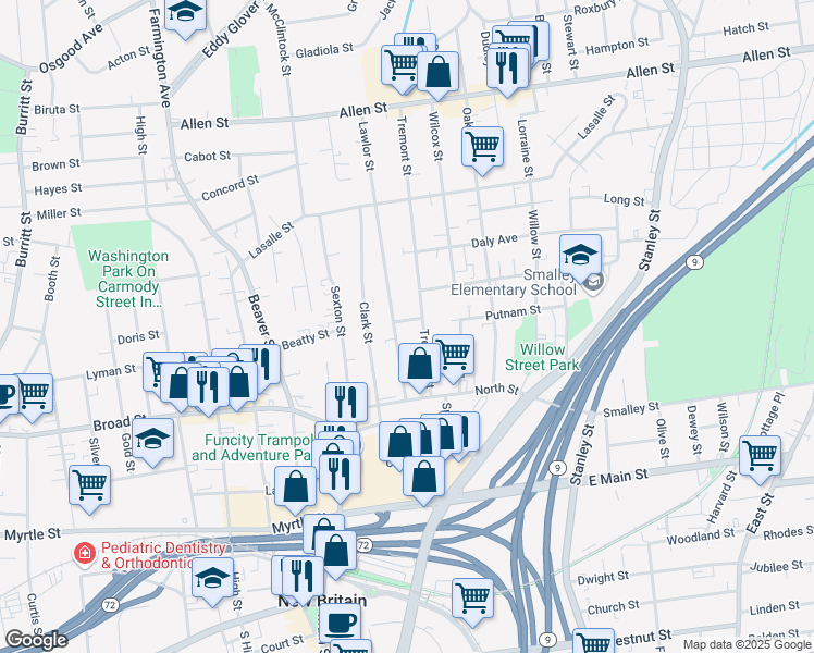 map of restaurants, bars, coffee shops, grocery stores, and more near 9 East Lawlor Street in New Britain