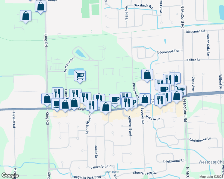 map of restaurants, bars, coffee shops, grocery stores, and more near 7120 Port Sylvania Drive in Toledo