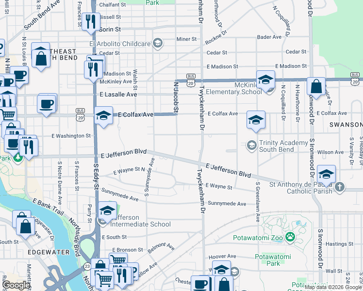 map of restaurants, bars, coffee shops, grocery stores, and more near 124 South Jacob Street in South Bend