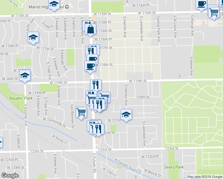 map of restaurants, bars, coffee shops, grocery stores, and more near 11921 Springfield Avenue in Alsip