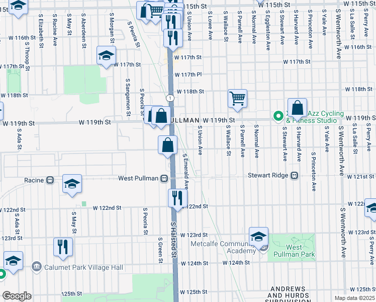 map of restaurants, bars, coffee shops, grocery stores, and more near 725 West 120th Street in Chicago