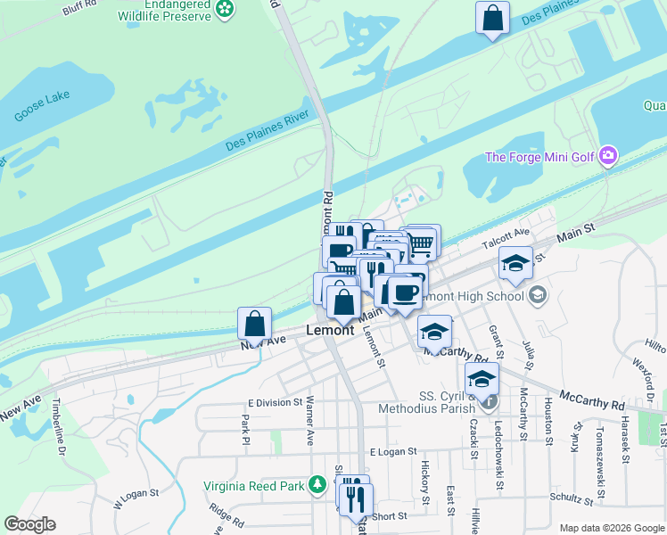 map of restaurants, bars, coffee shops, grocery stores, and more near 230 River Street in Lemont