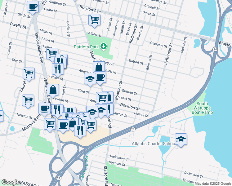 map of restaurants, bars, coffee shops, grocery stores, and more near 1977 Rodman Street in Fall River
