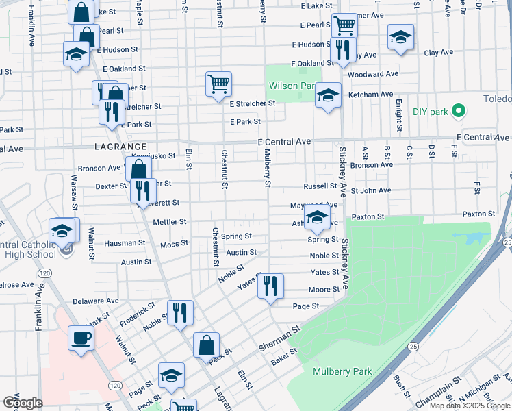 map of restaurants, bars, coffee shops, grocery stores, and more near 550 Everett St in Toledo