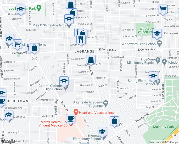 map of restaurants, bars, coffee shops, grocery stores, and more near 2831 Lagrange Street in Toledo