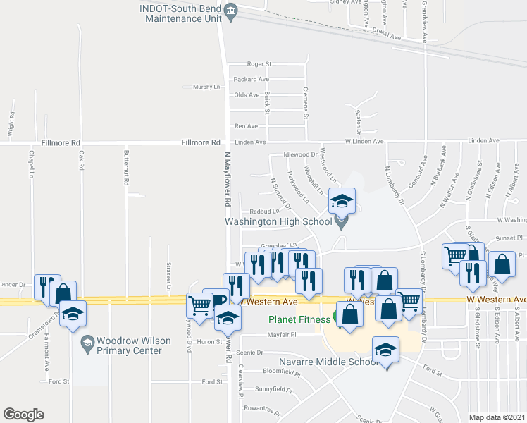 map of restaurants, bars, coffee shops, grocery stores, and more near 5147 Redbud Lane in South Bend