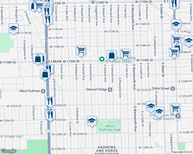 map of restaurants, bars, coffee shops, grocery stores, and more near 12001 South Eggleston Avenue in Chicago