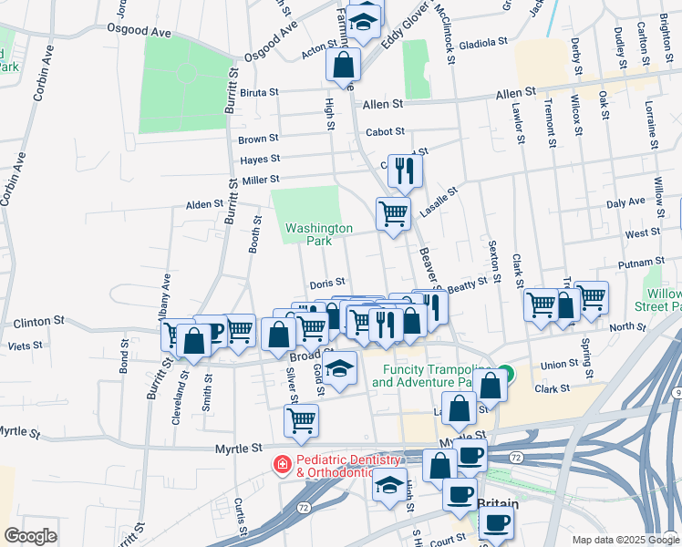 map of restaurants, bars, coffee shops, grocery stores, and more near 9 Davis Street in New Britain