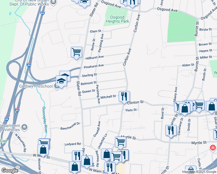 map of restaurants, bars, coffee shops, grocery stores, and more near 83 Queen Street in New Britain
