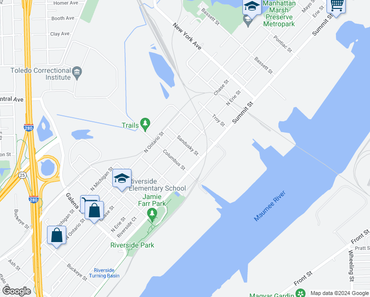 map of restaurants, bars, coffee shops, grocery stores, and more near 2537 North Erie Street in Toledo
