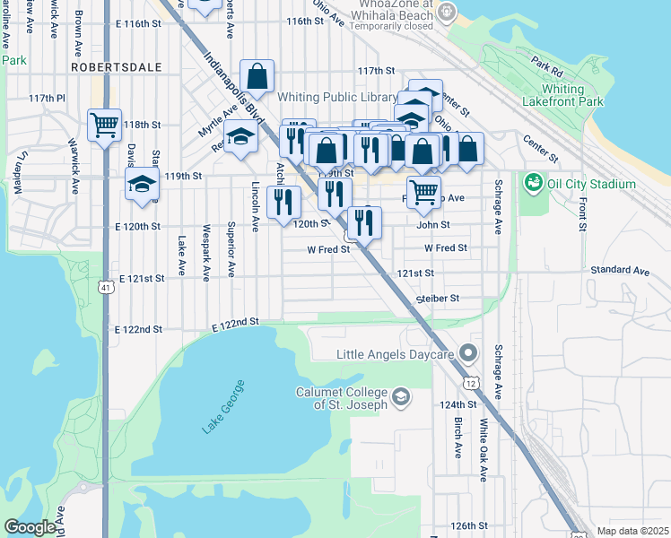 map of restaurants, bars, coffee shops, grocery stores, and more near 1249 121st Street in Whiting